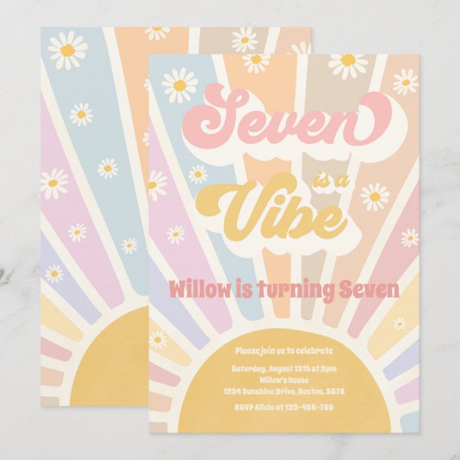 Seven är en Vibe Boho Sunshine 7:e Födelsedagsfest Inbjudningar (Fram/baksida)