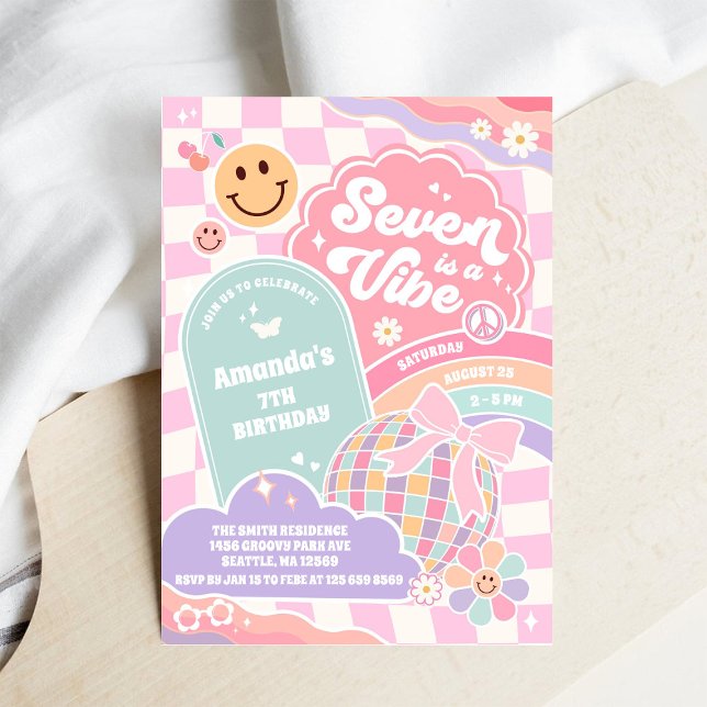 Seven Is A Vibe Moln Regnbåge Disco 7-årsdag  Inbjudningar (Skapare uppladdad)