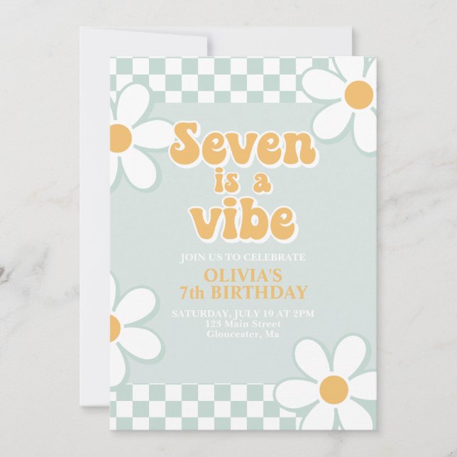 Seven is a Vibe Retro Check Mint Inbjudningar (Framsida)