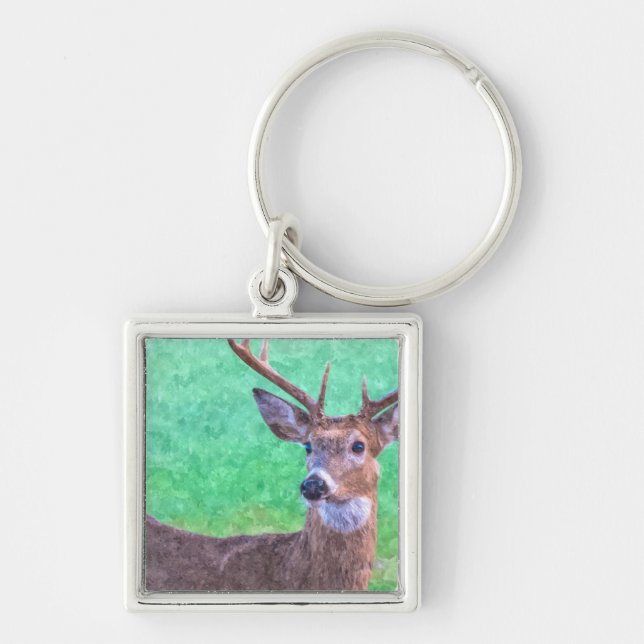 Seven Point Buck Painterly Fyrkantig Silverfärgad Nyckelring (Framsidan)