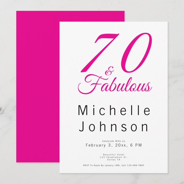 Seventy and Fabulous Minimal Pink 70th Birthday Inbjudningar (Fram/baksida)