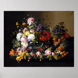 Severin Roesen stilleben, blommor och frukt Poster
