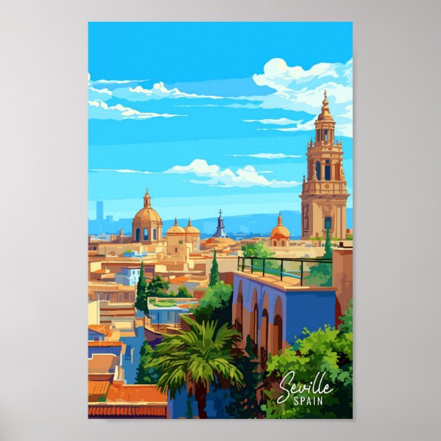 Sevilla Spain Art Vintage resor Illustration Poster (Framsidan)