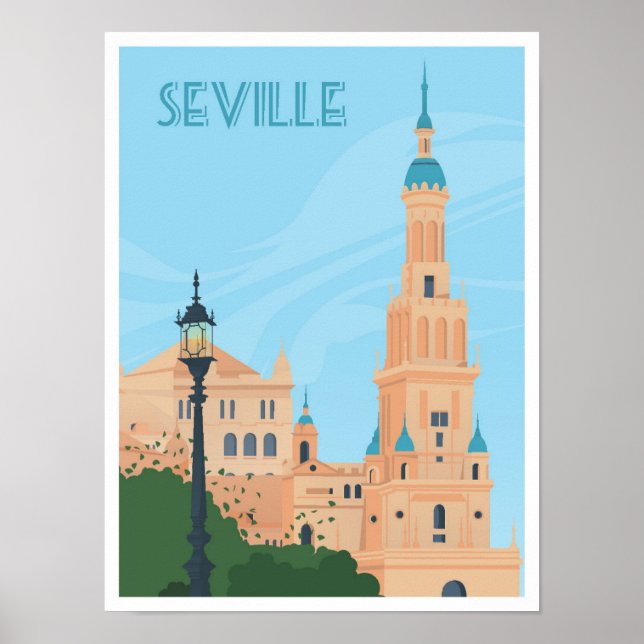 Sevilla Spain Art Vintage resor Illustration Poster (Framsidan)
