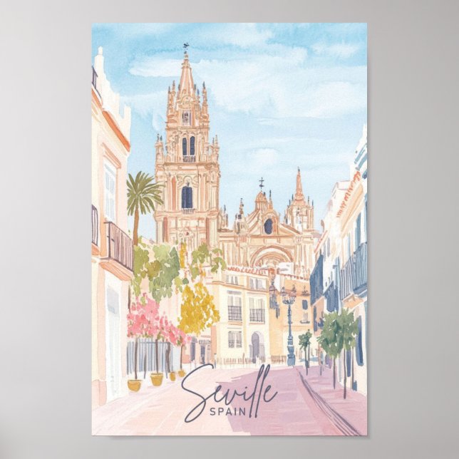 Sevilla Spain Gouache Paint Illustration Travel Poster (Framsidan)