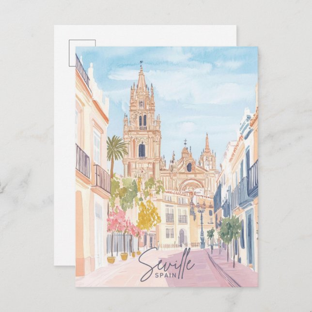 Sevilla Spain Gouache Paint Illustration Travel Vykort (Fram/baksida)
