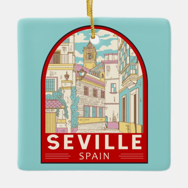 Sevilla Spain Travel Retro Emblem Julgransprydnad Keramik (Framsida)
