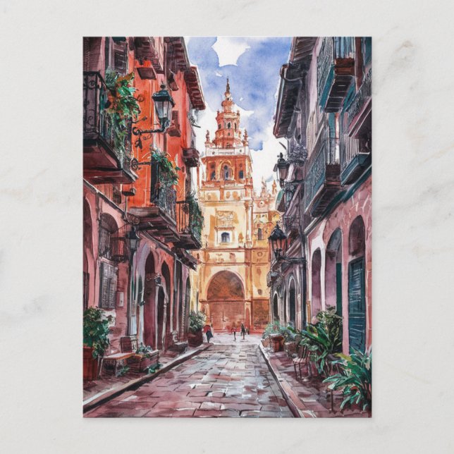 Sevilla Spain Travel Retro Watercolor Painting Vykort (Framsida)