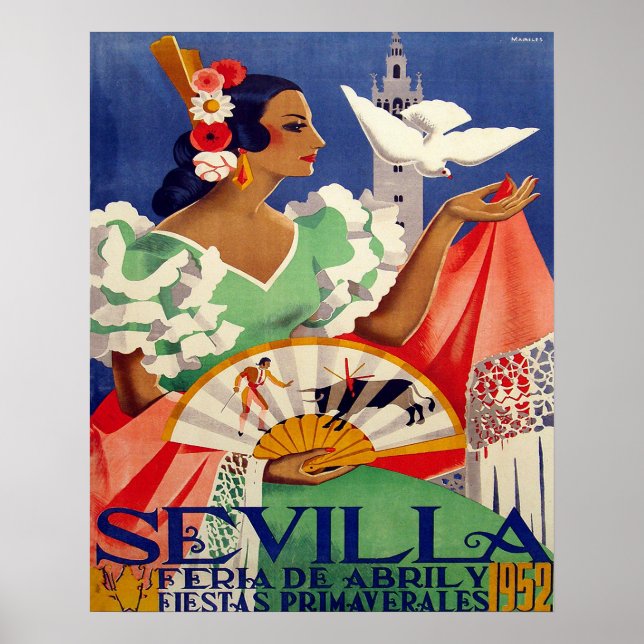 Sevilla, Spanien, kvinna med vit duva, vintage Poster (Framsidan)