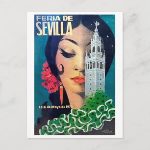 Sevilla, stadstorn och svart hårig kvinna, vintage vykort