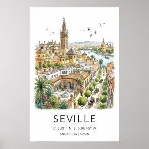 Seville konsttryck Illustrerad stadssiluett med Poster