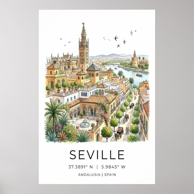 Seville konsttryck Illustrerad stadssiluett med Poster (Framsidan)