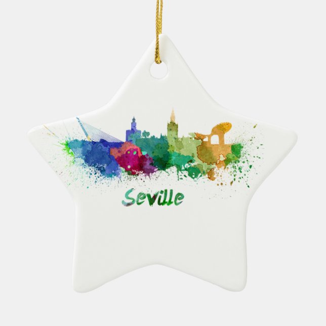Seville skyline in watercolor julgransprydnad keramik (Framsidan)