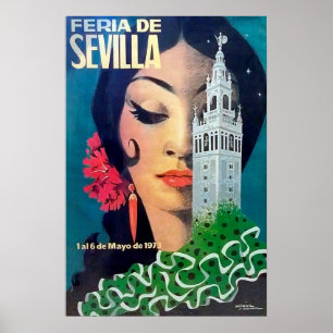 Seville, stadstorn och svart haired kvinna, poster