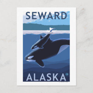 Seward, Alaska Scen med späckhuggare och kalv Vykort