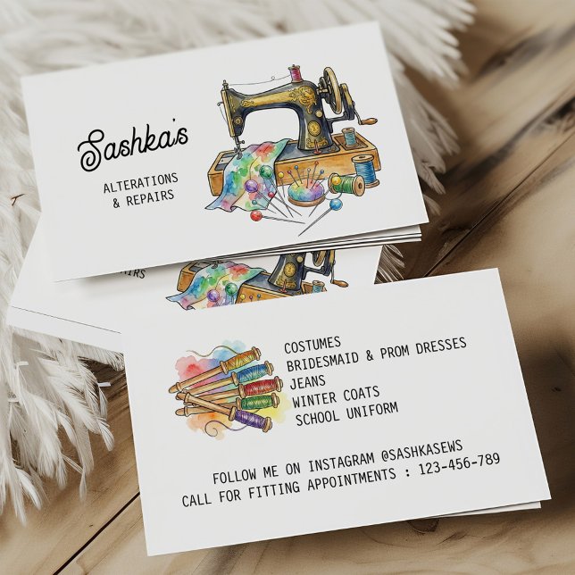 Sewing Alterations & Repairs Colorful Eclectic Visitkort (Sewing Business Card with Colorful Vintage Sewing Machine)