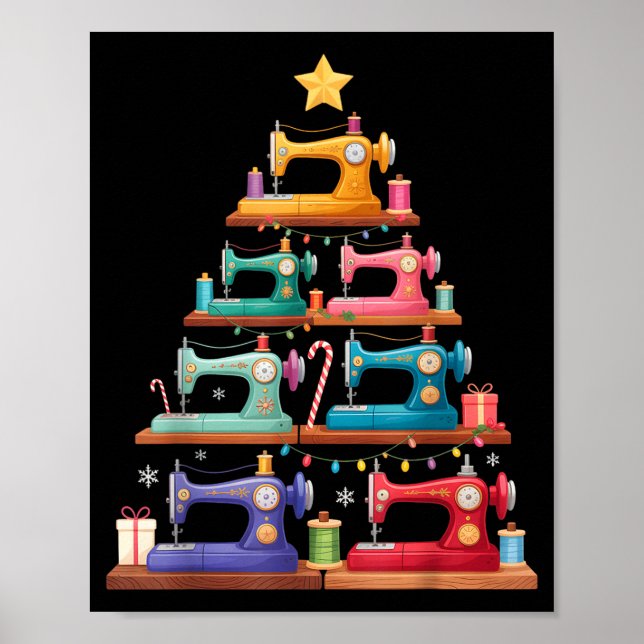 Sewing Machine Christmas Tree Lights Santa Hat Xma Poster (Framsidan)