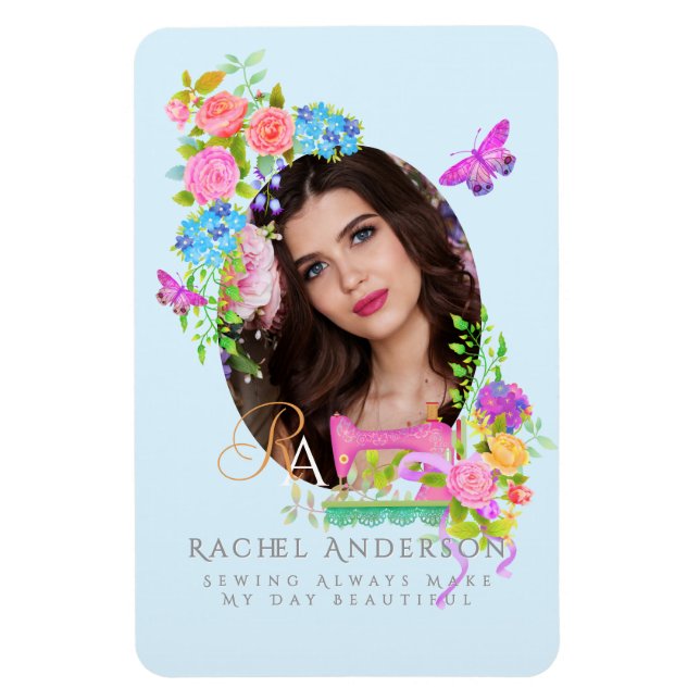 Sewing Ribbon Floral Monogram Photo Blue Magnet (Vertikal)