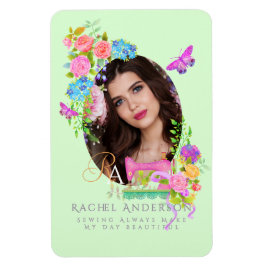 Sewing Ribbon Floral Monogram Photo Green Magnet