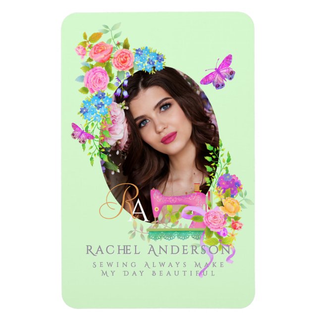 Sewing Ribbon Floral Monogram Photo Green Magnet (Vertikal)