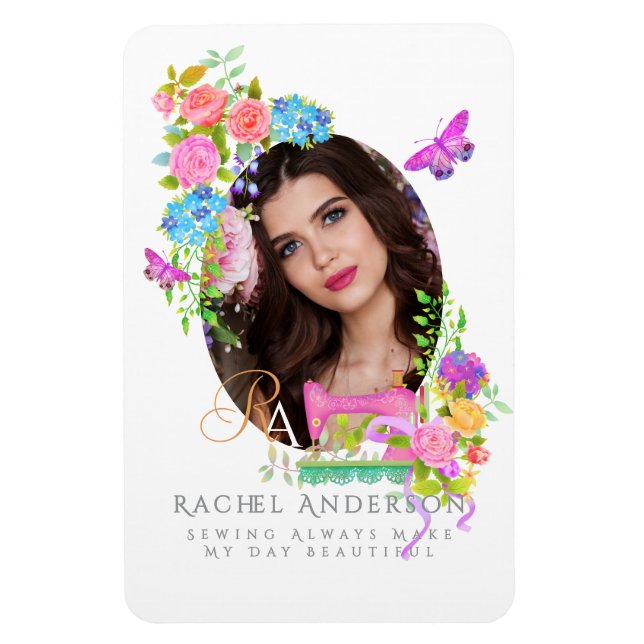 Sewing Ribbon Floral Monogram Photo White Magnet (Vertikal)