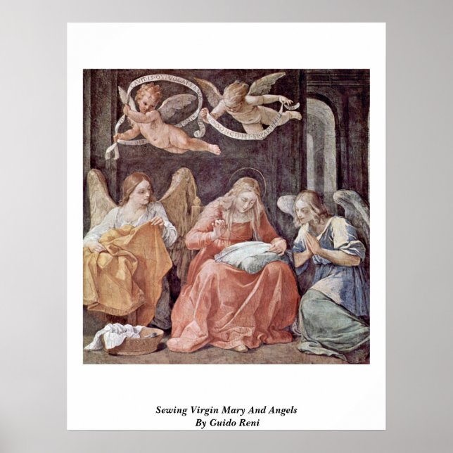 Sewing Virgin Mary och Änglar av Guido Reni Poster (Framsidan)