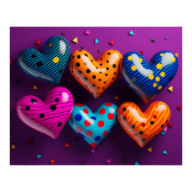 Sex 3D-hjärtan på lilans bakgrund