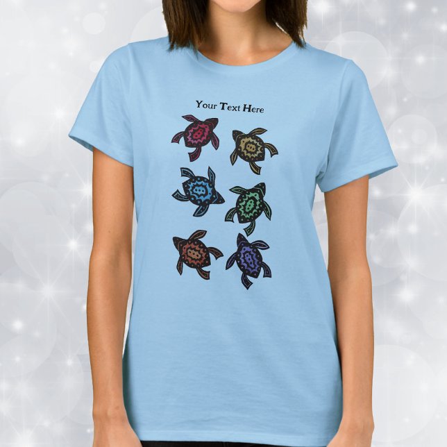 Sex Abstrakter Turtles-Snäckor i Ljusa färger T Shirt (Six abstract black turtles brightly coloured markings on their shells on blue Tee shirt.)