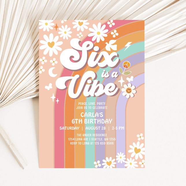 Sex är en stämning Daisy Rainbow Groovy 6-årsdag Inbjudningar (Skapare uppladdad)