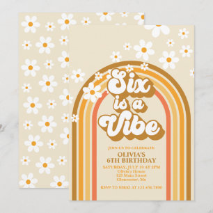 Sex är en stämning Retro regnbåge Groovy 6-årsdag Inbjudningar