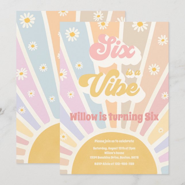 Sex är en Vibe Boho Sunshine 6e Födelsedagsfest Inbjudningar (Fram/baksida)