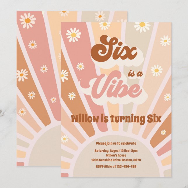 Sex är en Vibe Boho Sunshine 6e Födelsedagsfest Inbjudningar (Fram/baksida)