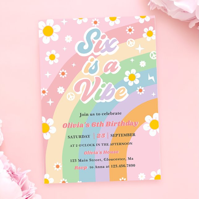 Sex är en Vibe Groovy Daisy Rainbow 6e Birthday Inbjudningar (Skapare uppladdad)