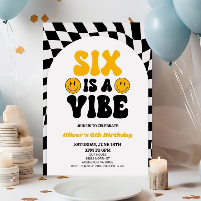 Sex är en Vibe Retro First 6e Födelsedagsfest Inbjudningar (Skapare uppladdad)