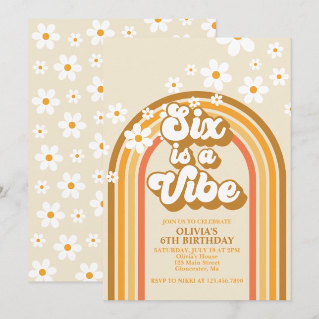 Sex är en Vibe Retro Rainbow Groovy 6e Birthday Inbjudningar (Fram/baksida)