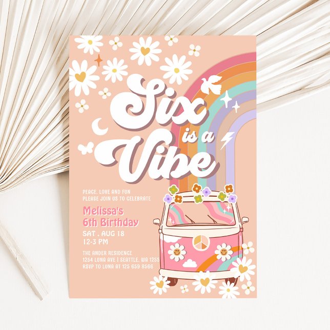 Sex är en Vibe Rosa Daisy Rainbow Van Birthday Inbjudningar (Skapare uppladdad)
