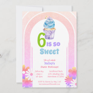 Sex är Sweet Rainbow Cuptårta sjätte födelsedag Inbjudningar