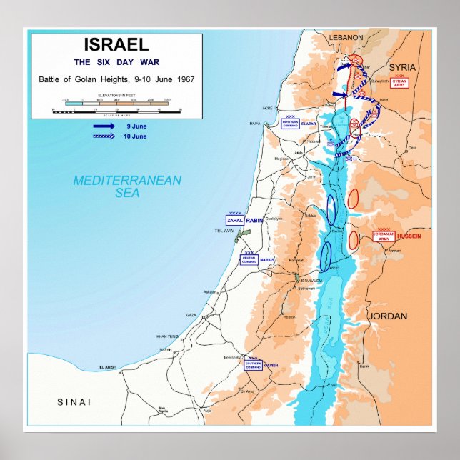 Sex dagar Krig-slaget vid Golanhöjderna Karta 1967 Poster (Framsidan)