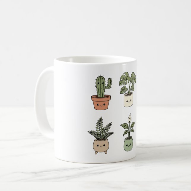 Sex Glada Växter Kaffe Mugg | Stresslindring Grön (Framsida vänster)