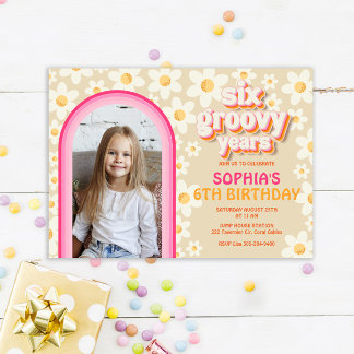 Sex Groovy Retro Daisy Foto Birthday-inbjudan - Anteckningskort