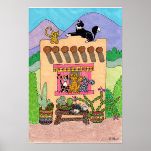 Sex katter i en Orange i Adobe House Poster