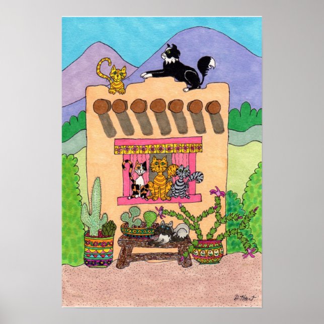 Sex katter i en Orange i Adobe House Poster (Framsidan)