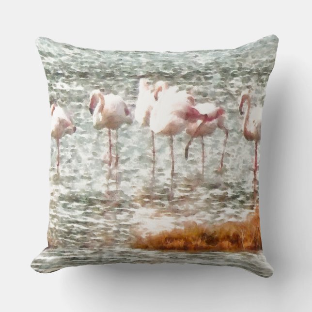 Sex lamingos A Wading Watercolor Kudde (Framsida)