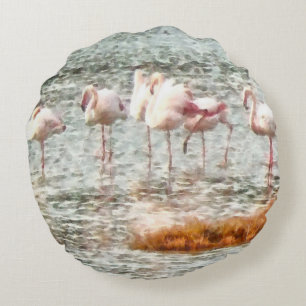 Sex lamingos A Wading Watercolor Rund Kudde