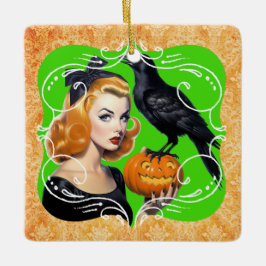Sexig Halloween-tjej och korp Julgransprydnad Keramik
