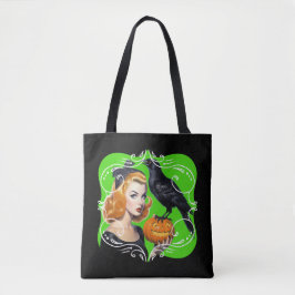 Sexig Halloween-tjej och korp Tygkasse