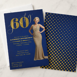 Sextio Blå Guld 60-års Foto Födelsedagsinbjudan