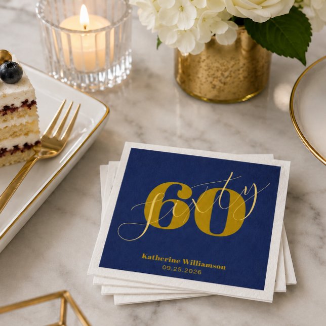 Sextio Elegant Blå & Guld 60-års Födelsedagsinbjud Pappersservett (Skapare uppladdad)