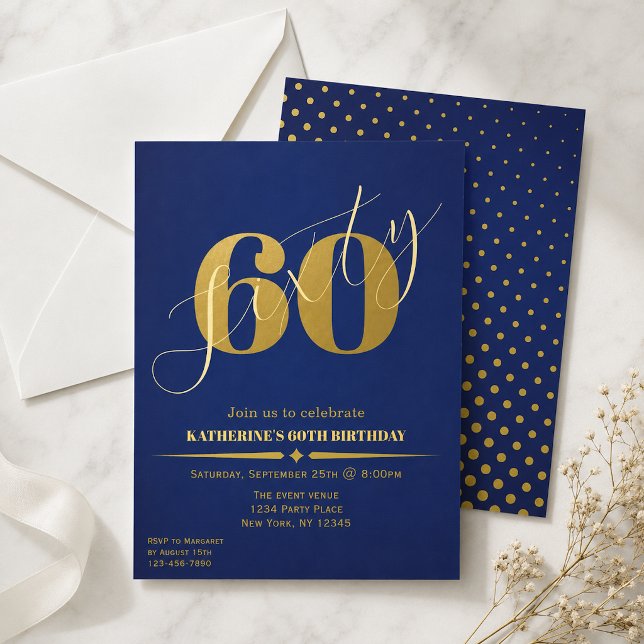 Sextio Eleganta Blå & Guld 60-års Födelsedagsinbju (Skapare uppladdad)