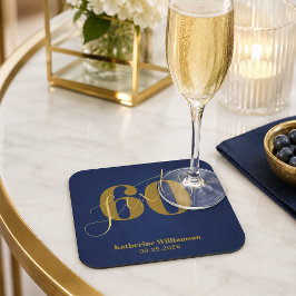 Sextio Eleganta Blå & Guld 60-års Födelsedagsinbju Underlägg Papper Kvadrat
